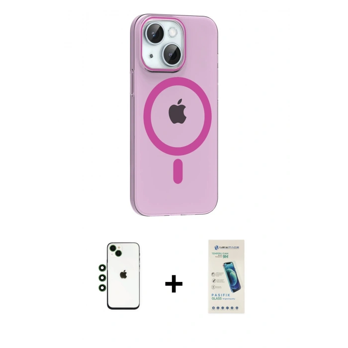 MARSİLYAN™- iPhone 14 Kılıf Pusula Form Özel Seri - Şeffaf Pasifik Cam Ekran Koruyucu + Shine Kamera Lens - YL