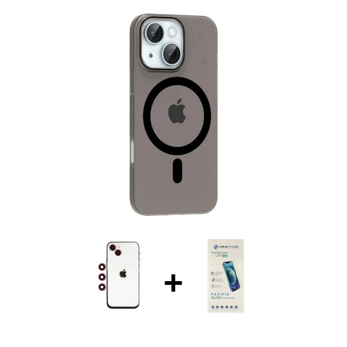 MARSİLYAN™- iPhone 14 Kılıf Pusula Form Özel Seri - Şeffaf Pasifik Cam Ekran Koruyucu + Shine Kamera Lens - KI