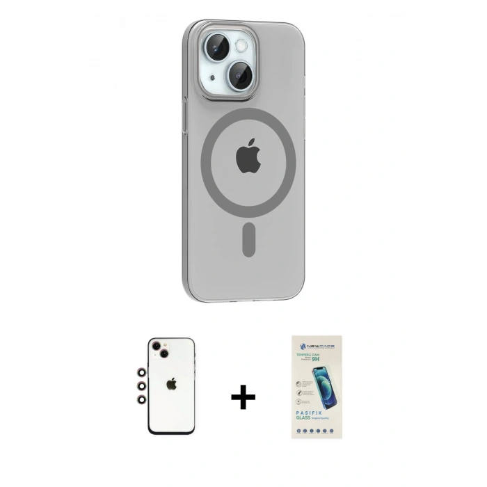 MARSİLYAN™- iPhone 14 Kılıf Pusula Form Özel Seri - Şeffaf Pasifik Cam Ekran Koruyucu + Shine Kamera Lens - GI