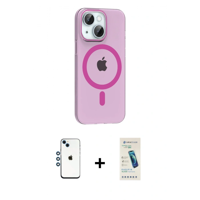 MARSİLYAN™- iPhone 14 Kılıf Pusula Form Özel Seri - Şeffaf Pasifik Cam Ekran Koruyucu + Shine Kamera Lens - MI