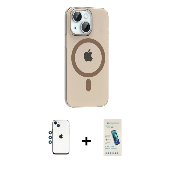 MARSİLYAN™- iPhone 14 Kılıf Pusula Form Özel Seri - Şeffaf Pasifik Cam Ekran Koruyucu + Shine Kamera Lens - MI