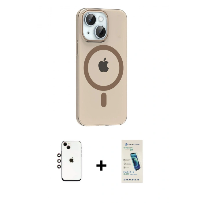 MARSİLYAN™- iPhone 14 Kılıf Pusula Form Özel Seri - Şeffaf Pasifik Cam Ekran Koruyucu + Shine Kamera Lens - GI