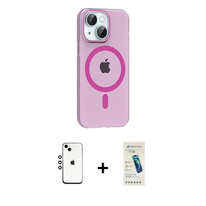 MARSİLYAN™- iPhone 14 Kılıf Pusula Form Özel Seri - Şeffaf Pasifik Cam Ekran Koruyucu + Shine Kamera Lens - GS