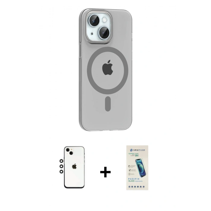 MARSİLYAN™- iPhone 14 Kılıf Pusula Form Özel Seri - Şeffaf Pasifik Cam Ekran Koruyucu + Shine Kamera Lens - GS