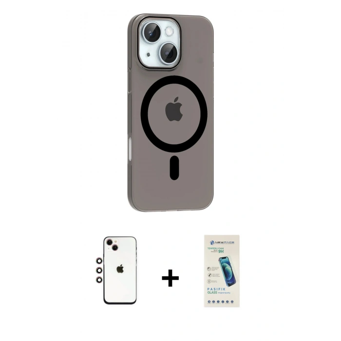 MARSİLYAN™- iPhone 14 Kılıf Pusula Form Özel Seri - Şeffaf Pasifik Cam Ekran Koruyucu + Shine Kamera Lens - GI