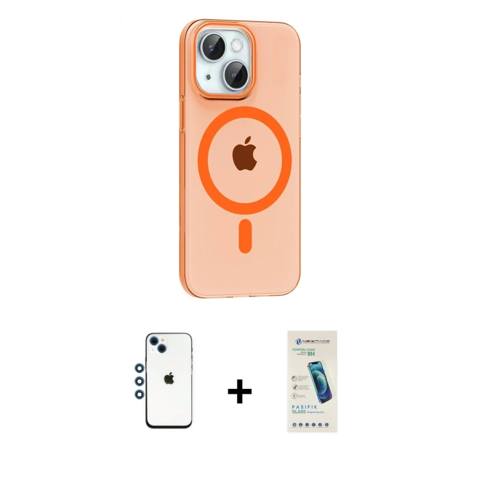 MARSİLYAN™- iPhone 14 Kılıf Pusula Form Özel Seri - Şeffaf Pasifik Cam Ekran Koruyucu + Shine Kamera Lens - MI