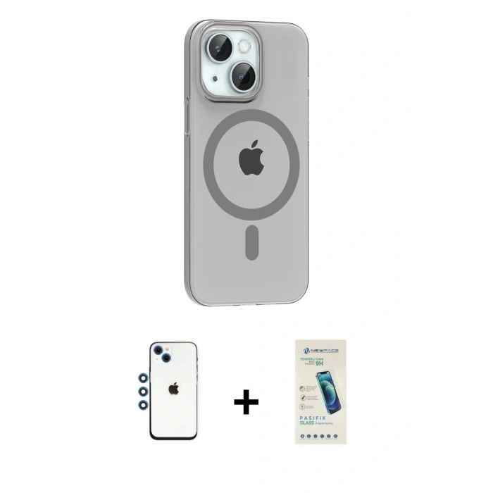 MARSİLYAN™- iPhone 14 Kılıf Pusula Form Özel Seri - Şeffaf Pasifik Cam Ekran Koruyucu + Shine Kamera Lens - MI