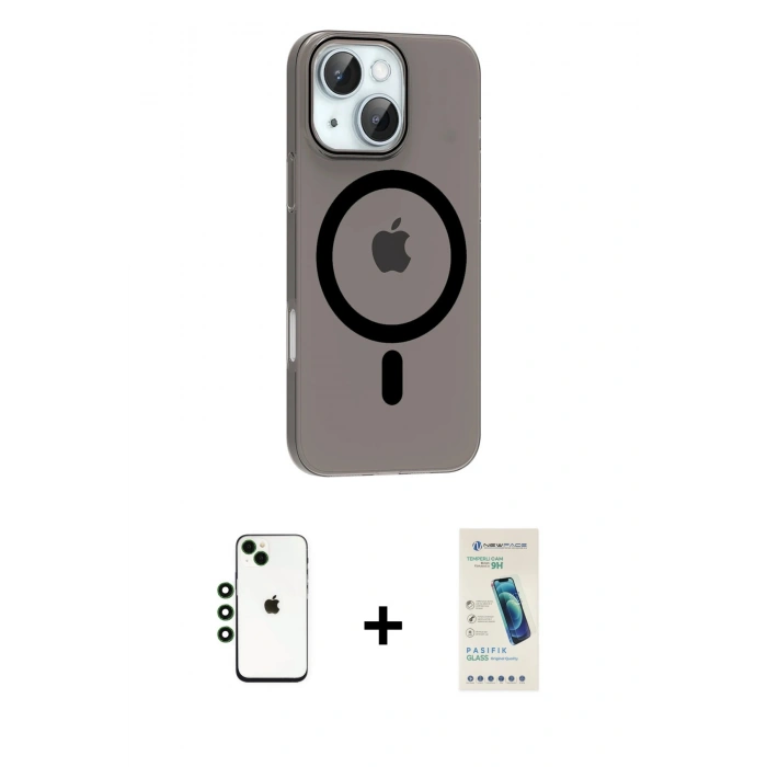 MARSİLYAN™- iPhone 14 Kılıf Pusula Form Özel Seri - Şeffaf Pasifik Cam Ekran Koruyucu + Shine Kamera Lens - YL