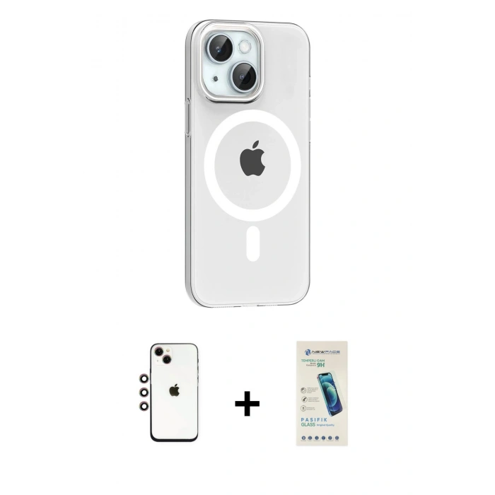 MARSİLYAN™- iPhone 14 Kılıf Pusula Form Özel Seri - Şeffaf Pasifik Cam Ekran Koruyucu + Shine Kamera Lens - GI