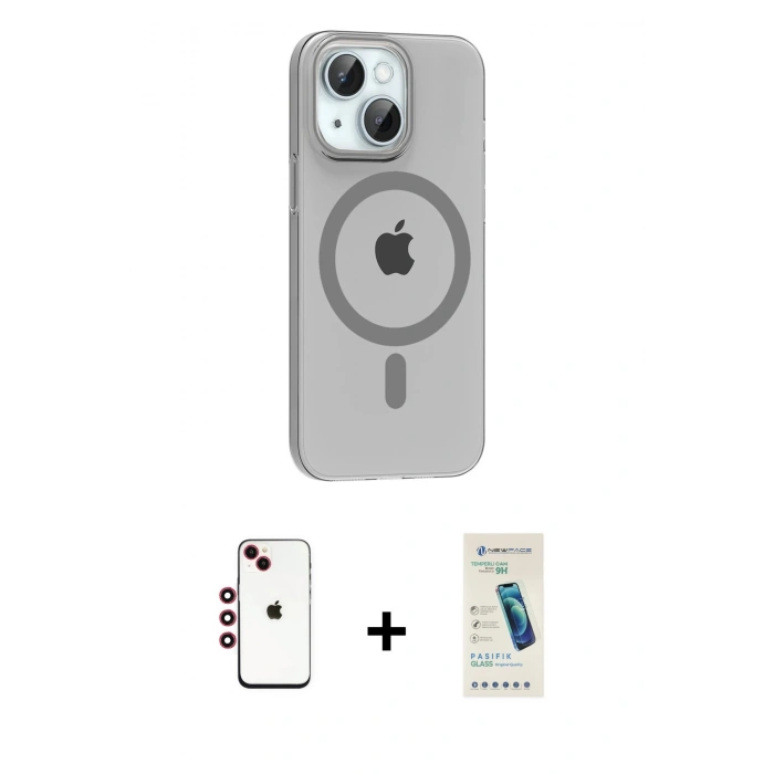 MARSİLYAN™- iPhone 14 Kılıf Pusula Form Özel Seri - Şeffaf Pasifik Cam Ekran Koruyucu + Shine Kamera Lens - KI