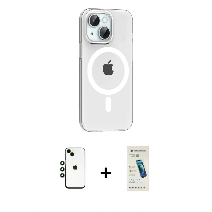 MARSİLYAN™- iPhone 14 Kılıf Pusula Form Özel Seri - Şeffaf Pasifik Cam Ekran Koruyucu + Shine Kamera Lens - YL