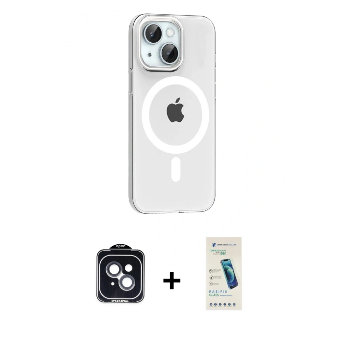 MARSİLYAN™- iPhone 14 Kılıf Pusula Form Özel Seri - Şeffaf Pasifik Cam Ekran Koruyucu + PVD Metal Kamera Lens - SH