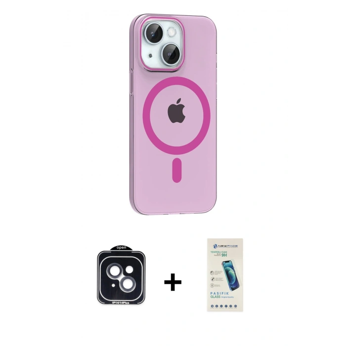MARSİLYAN™- iPhone 14 Kılıf Pusula Form Özel Seri - Şeffaf Pasifik Cam Ekran Koruyucu + PVD Metal Kamera Lens - SH