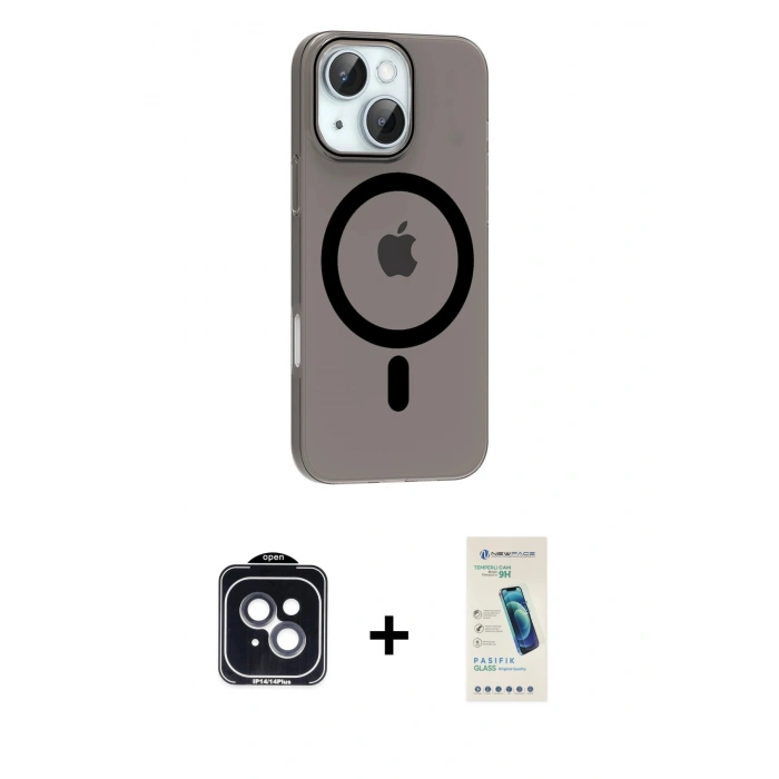 MARSİLYAN™- iPhone 14 Kılıf Pusula Form Özel Seri - Şeffaf Pasifik Cam Ekran Koruyucu + PVD Metal Kamera Lens - SH