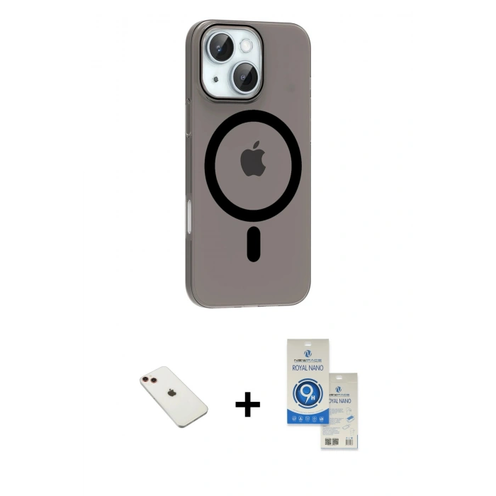 MARSİLYAN™- iPhone 14 Kılıf Pusula Form Özel Seri - Şeffaf Royal Nano Ekran Koruyucu + Diamond Kamera Lens - KI