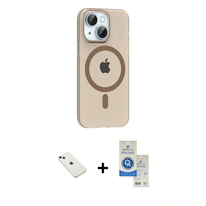 MARSİLYAN™- iPhone 14 Kılıf Pusula Form Özel Seri - Şeffaf Royal Nano Ekran Koruyucu + Diamond Kamera Lens - KI