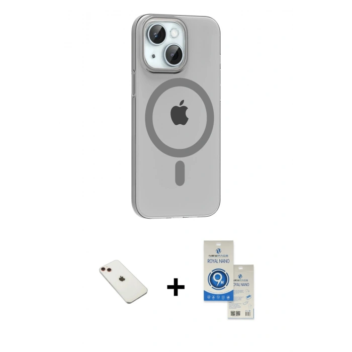 MARSİLYAN™- iPhone 14 Kılıf Pusula Form Özel Seri - Şeffaf Royal Nano Ekran Koruyucu + Kırmızı Diamond Kamera Lens