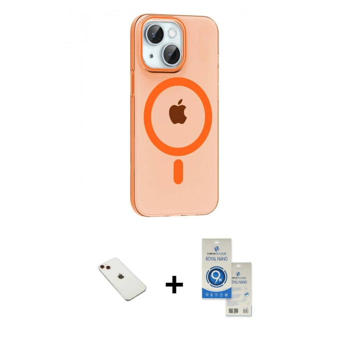 MARSİLYAN™- iPhone 14 Kılıf Pusula Form Özel Seri - Şeffaf Royal Nano Ekran Koruyucu + Kırmızı Diamond Kamera Lens