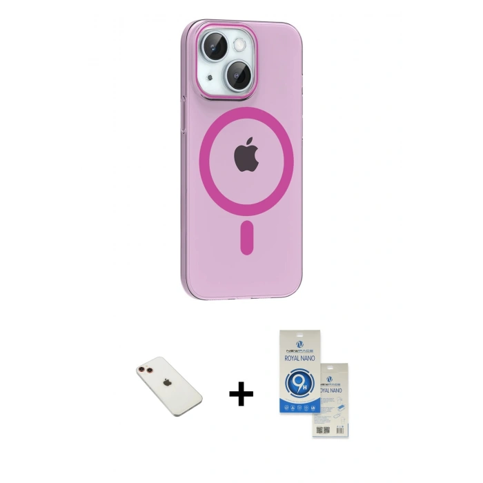 MARSİLYAN™- iPhone 14 Kılıf Pusula Form Özel Seri - Şeffaf Royal Nano Ekran Koruyucu + Kırmızı Diamond Kamera Lens