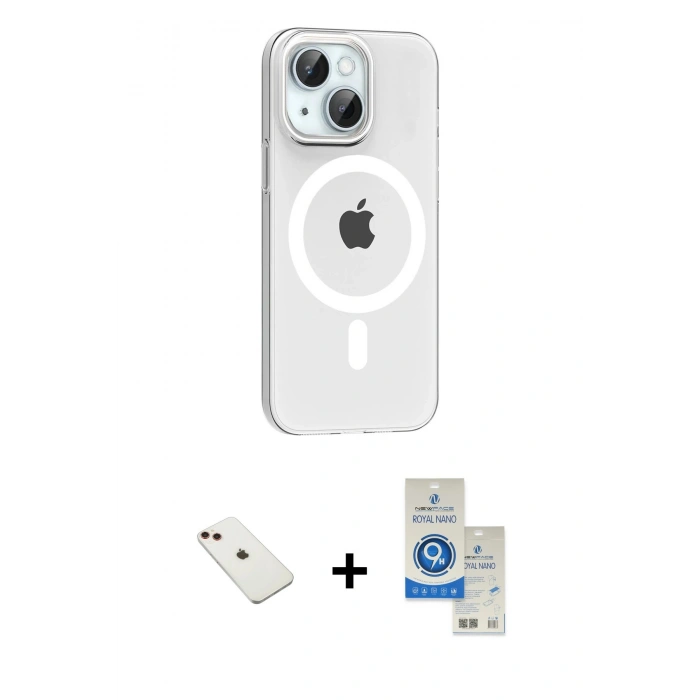 MARSİLYAN™- iPhone 14 Kılıf Pusula Form Özel Seri - Şeffaf Royal Nano Ekran Koruyucu + Kırmızı Diamond Kamera Lens