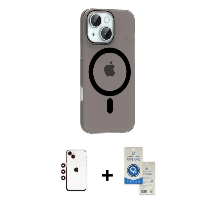 MARSİLYAN™- iPhone 14 Kılıf Pusula Form Özel Seri - Şeffaf Royal Nano Ekran Koruyucu + Shine Kamera Lens - KI