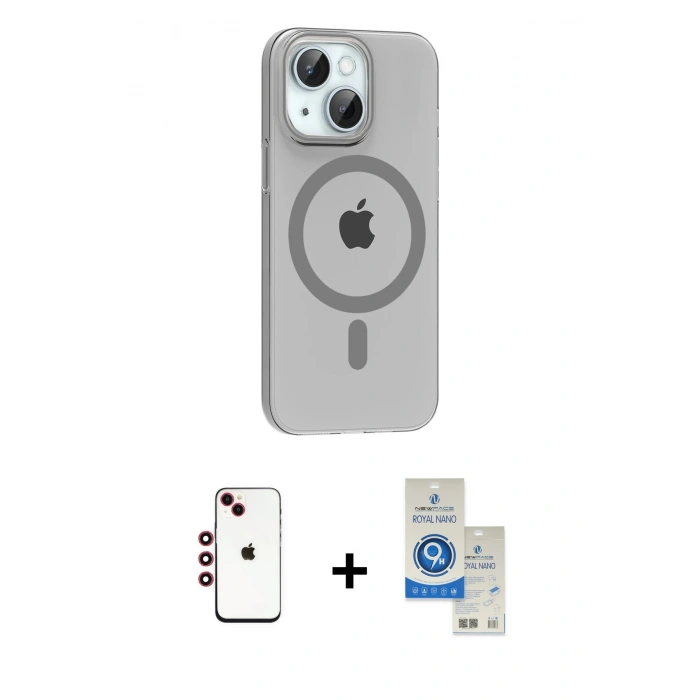 MARSİLYAN™- iPhone 14 Kılıf Pusula Form Özel Seri - Şeffaf Royal Nano Ekran Koruyucu + Shine Kamera Lens - KI