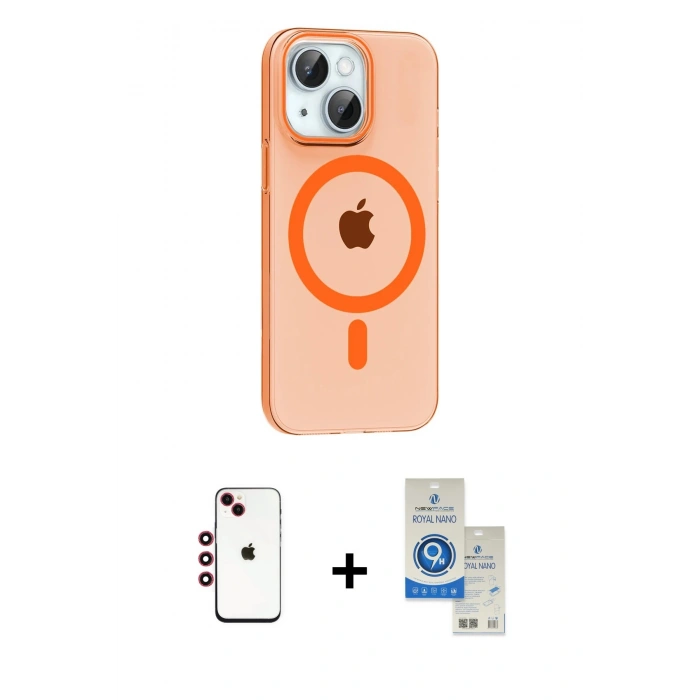MARSİLYAN™- iPhone 14 Kılıf Pusula Form Özel Seri - Şeffaf Royal Nano Ekran Koruyucu + Shine Kamera Lens - KI