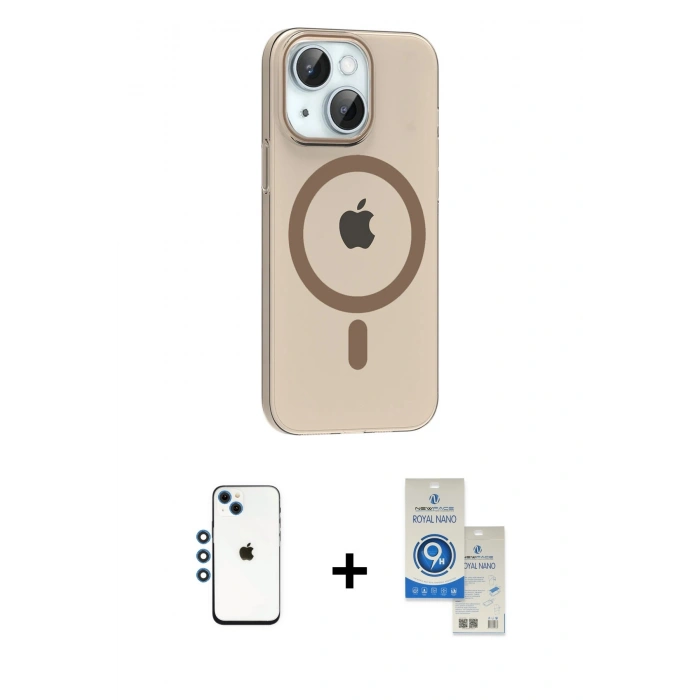MARSİLYAN™- iPhone 14 Kılıf Pusula Form Özel Seri - Şeffaf Royal Nano Ekran Koruyucu + Mavi Shine Kamera Lens