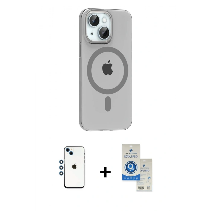 MARSİLYAN™- iPhone 14 Kılıf Pusula Form Özel Seri - Şeffaf Royal Nano Ekran Koruyucu + Mavi Shine Kamera Lens
