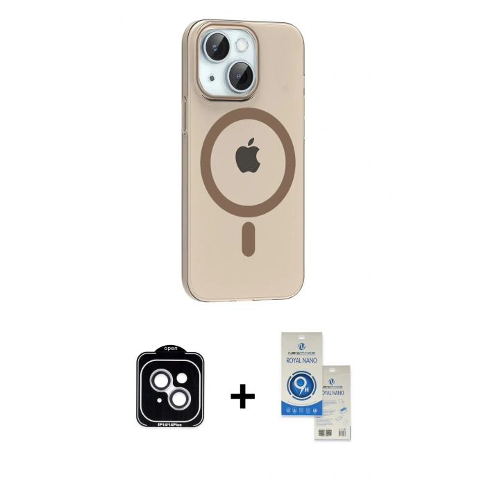 MARSİLYAN™- iPhone 14 Kılıf Pusula Form Özel Seri - Şeffaf Royal Nano Ekran Koruyucu + PVD Metal Kamera Lens - GS