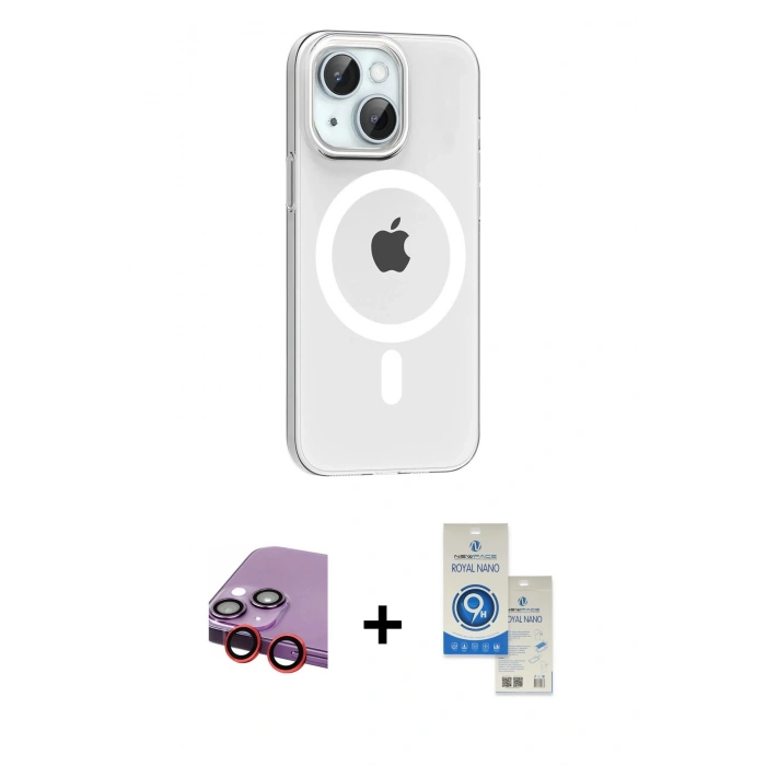 MARSİLYAN™- iPhone 14 Kılıf Pusula Form Özel Seri - Şeffaf Royal Nano Ekran Koruyucu + Raze Metal Kamera Lens - KI