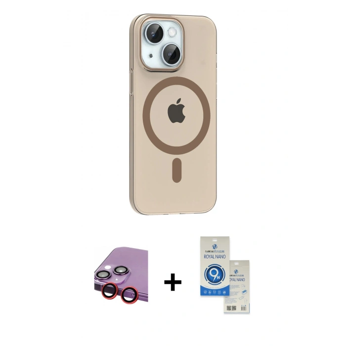 MARSİLYAN™- iPhone 14 Kılıf Pusula Form Özel Seri - Şeffaf Royal Nano Ekran Koruyucu + Raze Metal Kamera Lens - KI