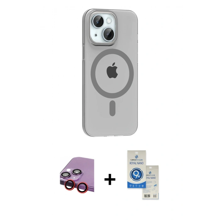 MARSİLYAN™- iPhone 14 Kılıf Pusula Form Özel Seri - Şeffaf Royal Nano Ekran Koruyucu + Raze Metal Kamera Lens - KI