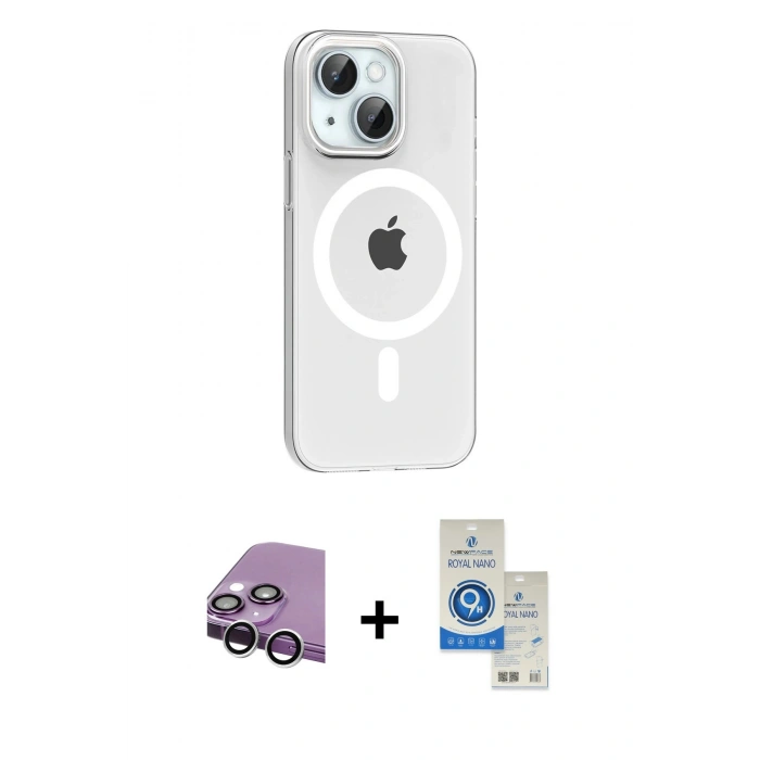 MARSİLYAN™- iPhone 14 Kılıf Pusula Form Özel Seri - Şeffaf Royal Nano Ekran Koruyucu + Raze Metal Kamera Lens - GS