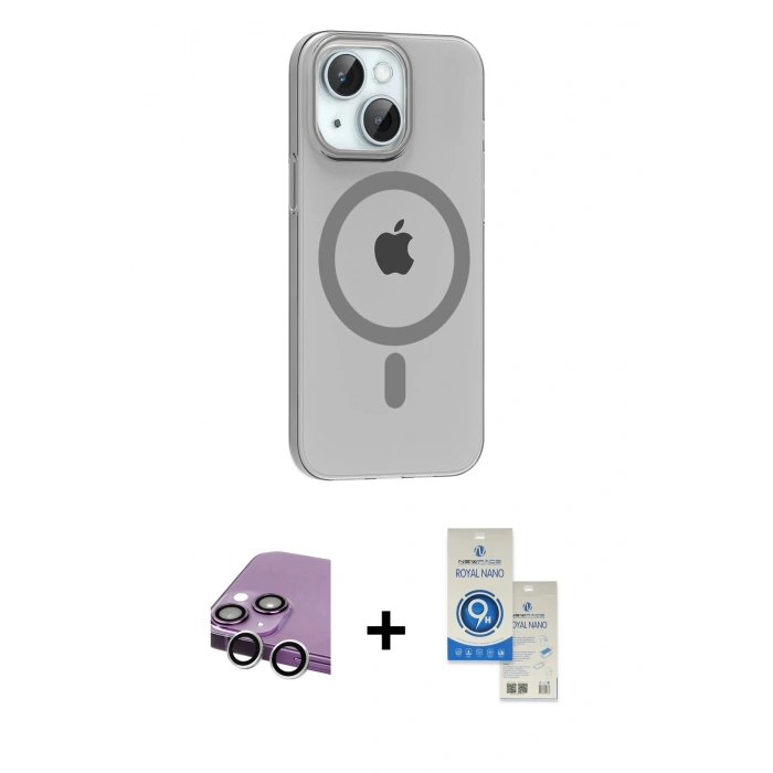 MARSİLYAN™- iPhone 14 Kılıf Pusula Form Özel Seri - Şeffaf Royal Nano Ekran Koruyucu + Raze Metal Kamera Lens - GS