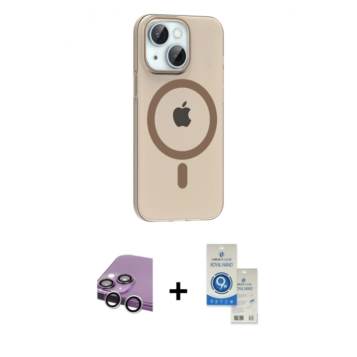MARSİLYAN™- iPhone 14 Kılıf Pusula Form Özel Seri - Şeffaf Royal Nano Ekran Koruyucu + Raze Metal Kamera Lens - GS
