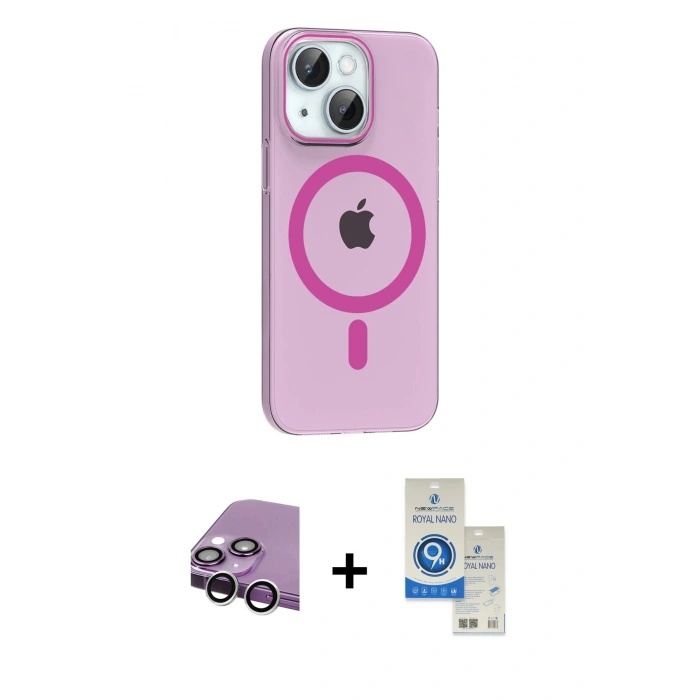 MARSİLYAN™- iPhone 14 Kılıf Pusula Form Özel Seri - Şeffaf Royal Nano Ekran Koruyucu + Raze Metal Kamera Lens - GS