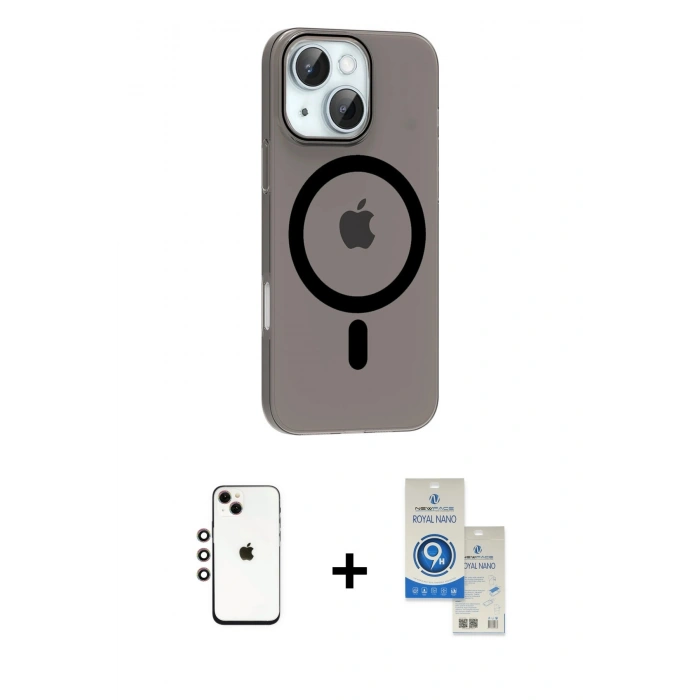 MARSİLYAN™- iPhone 14 Kılıf Pusula Form Özel Seri - Şeffaf Royal Nano Ekran Koruyucu + Shine Kamera Lens - GI