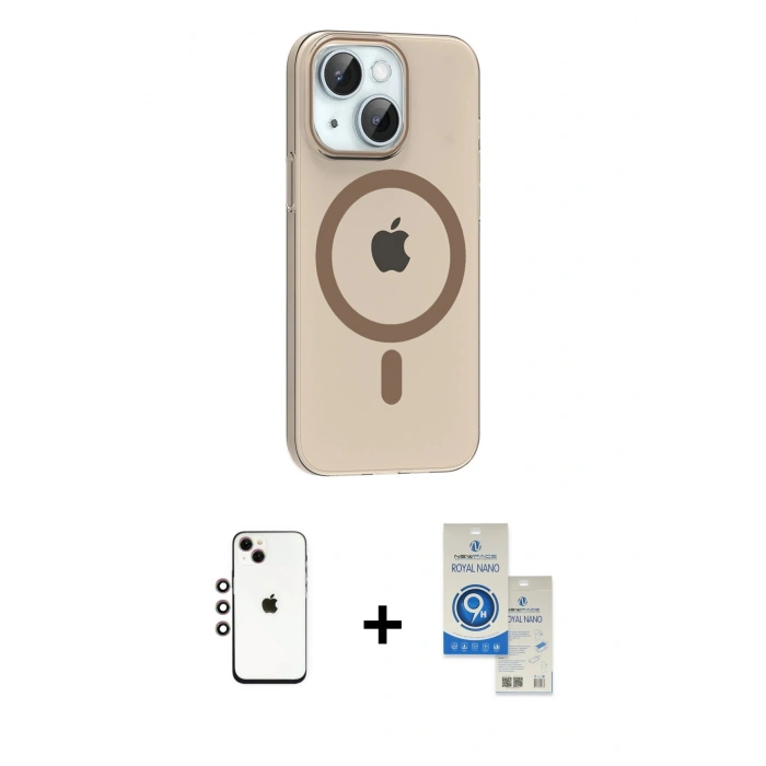 MARSİLYAN™- iPhone 14 Kılıf Pusula Form Özel Seri - Şeffaf Royal Nano Ekran Koruyucu + Shine Kamera Lens - GI