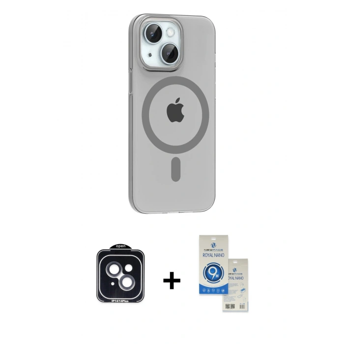 MARSİLYAN™- iPhone 14 Kılıf Pusula Form Özel Seri - Şeffaf Royal Nano Ekran Koruyucu + Siyah PVD Metal Kamera Lens