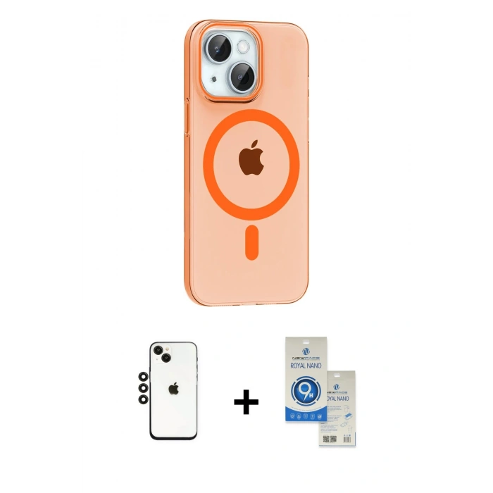 MARSİLYAN™- iPhone 14 Kılıf Pusula Form Özel Seri - Şeffaf Royal Nano Ekran Koruyucu + Siyah Shine Kamera Lens