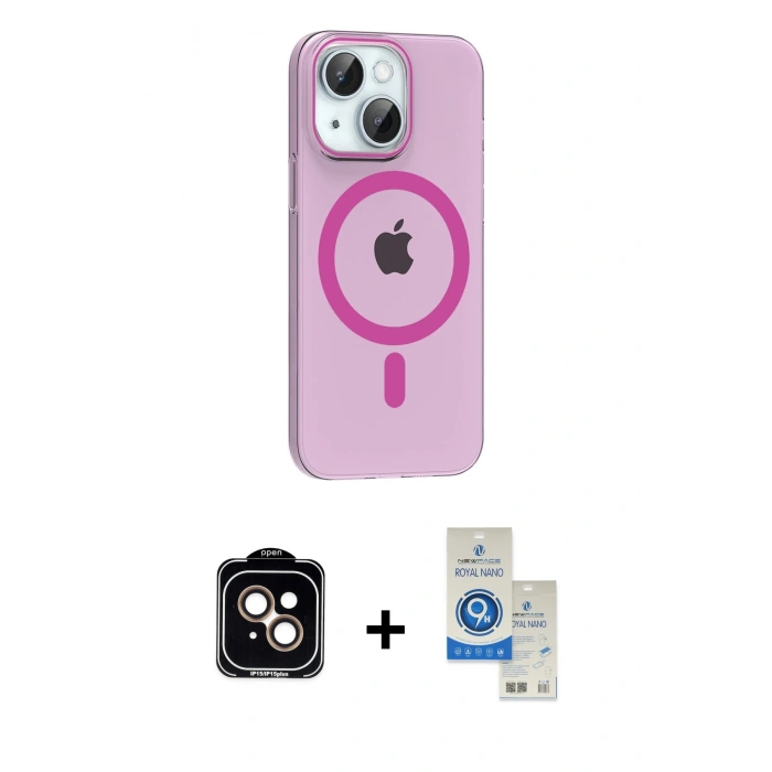 MARSİLYAN™- iPhone 14 Kılıf Pusula Form Özel Seri - Şeffaf Royal Nano Ekran Koruyucu + PVD Metal Kamera Lens - TU