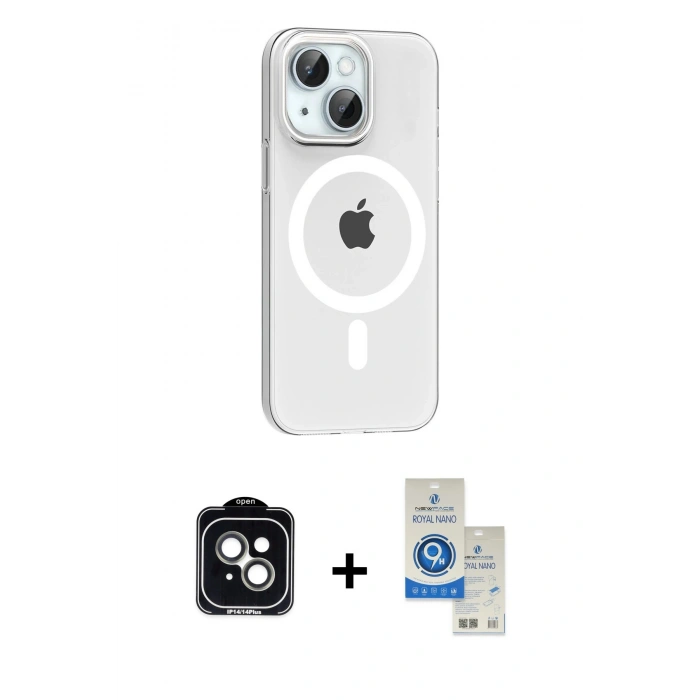 MARSİLYAN™- iPhone 14 Kılıf Pusula Form Özel Seri - Şeffaf Royal Nano Ekran Koruyucu + PVD Metal Kamera Lens - YL