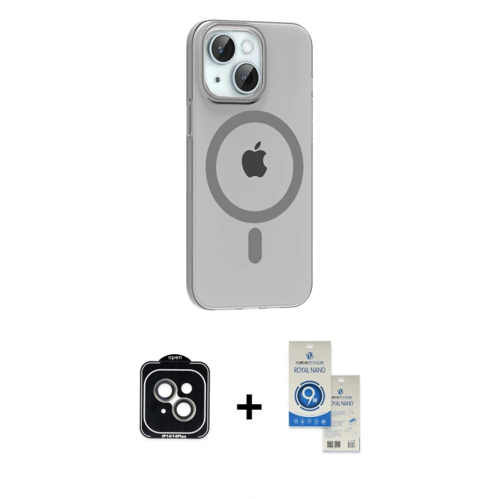 MARSİLYAN™- iPhone 14 Kılıf Pusula Form Özel Seri - Şeffaf Royal Nano Ekran Koruyucu + PVD Metal Kamera Lens - YL