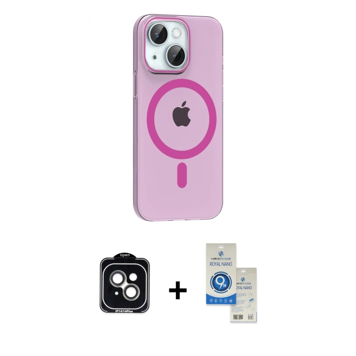 MARSİLYAN™- iPhone 14 Kılıf Pusula Form Özel Seri - Şeffaf Royal Nano Ekran Koruyucu + PVD Metal Kamera Lens - YL