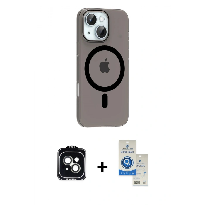MARSİLYAN™- iPhone 14 Kılıf Pusula Form Özel Seri - Şeffaf Royal Nano Ekran Koruyucu + PVD Metal Kamera Lens - YL
