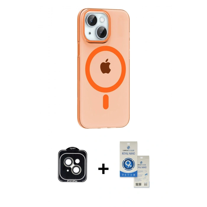 MARSİLYAN™- iPhone 14 Kılıf Pusula Form Özel Seri - Şeffaf Royal Nano Ekran Koruyucu + PVD Metal Kamera Lens - YL