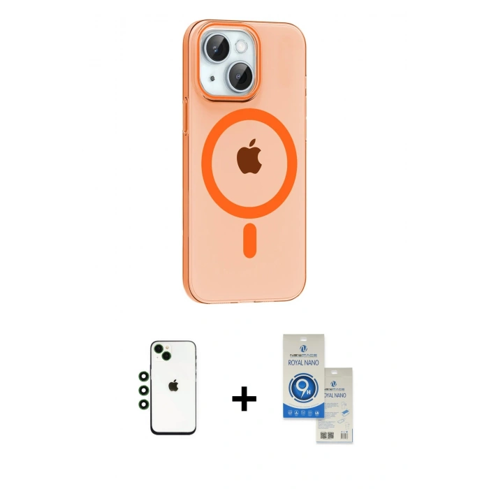MARSİLYAN™- iPhone 14 Kılıf Pusula Form Özel Seri - Şeffaf Royal Nano Ekran Koruyucu + Shine Kamera Lens - YL