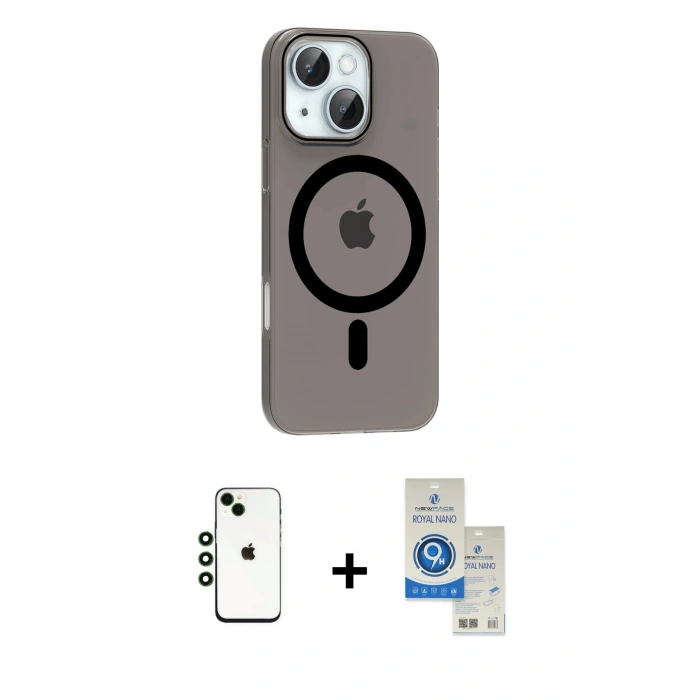 MARSİLYAN™- iPhone 14 Kılıf Pusula Form Özel Seri - Şeffaf Royal Nano Ekran Koruyucu + Shine Kamera Lens - YL