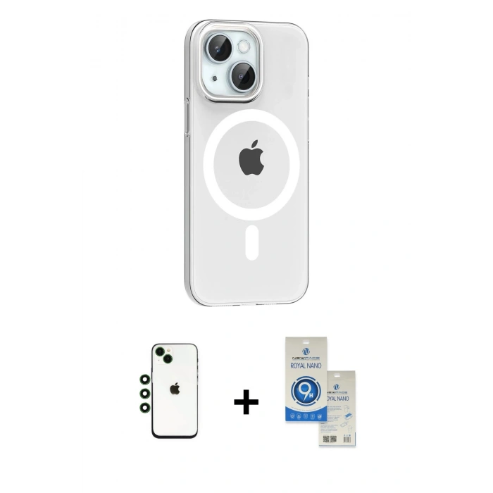 MARSİLYAN™- iPhone 14 Kılıf Pusula Form Özel Seri - Şeffaf Royal Nano Ekran Koruyucu + Shine Kamera Lens - YL